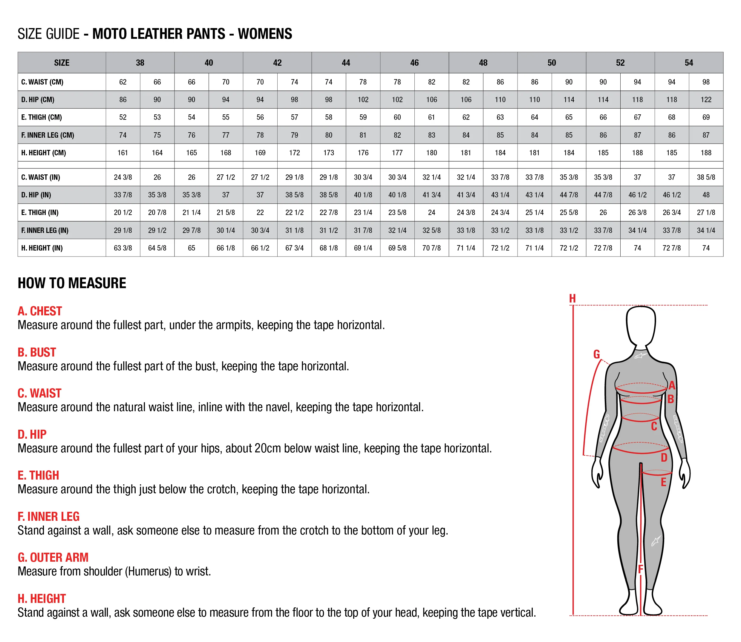 Womens Aplinestars Leather Pants Size Guide