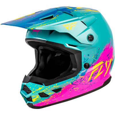 Fly Racing 2026 Youth Kinetic Drip MX Helmet - Turquoise/Pink/Yellow